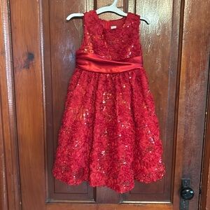 Little girls fancy red dress with sequins and floral design